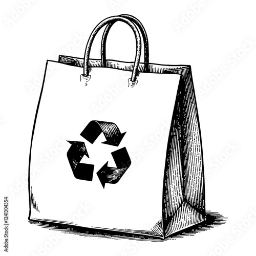Paper Bag with Recycle Logo in Black and White Detailed Outline Line Art Drawing Style