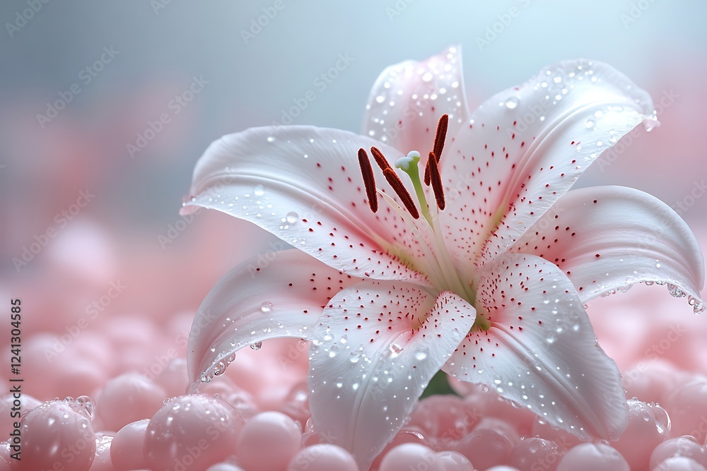 Dew Kissed Lily Rests On Pink Spheres Dew Kissed Lily Rests On Pink Spheres