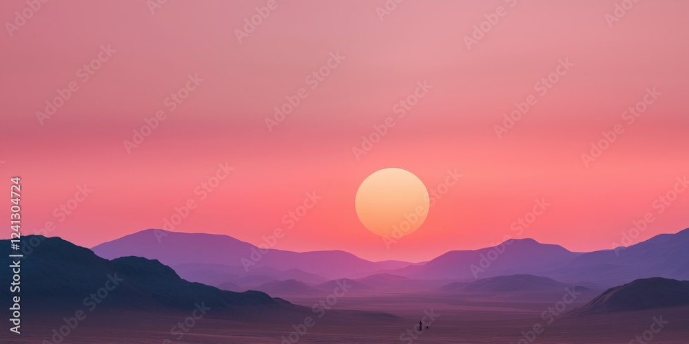 Fototapeta premium A beautiful sunset over a desert landscape with a large sun in the sky. The sky is a mix of pink and purple hues, creating a serene and peaceful atmosphere. The sun is positioned low in the sky