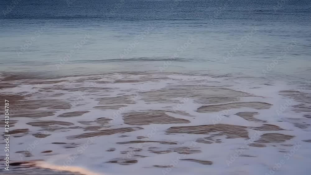 Ocean waves crashing on sandy beach at sunset, calm sea in background; travel, vacation Ocean waves crashing on sandy beach at sunset, calm sea in background; travel, vacation