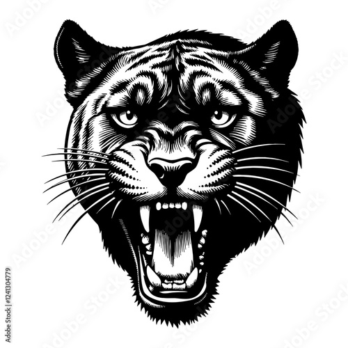 Angry Black Panther Head Front View Detailed Black and White Outline Line Art Drawing