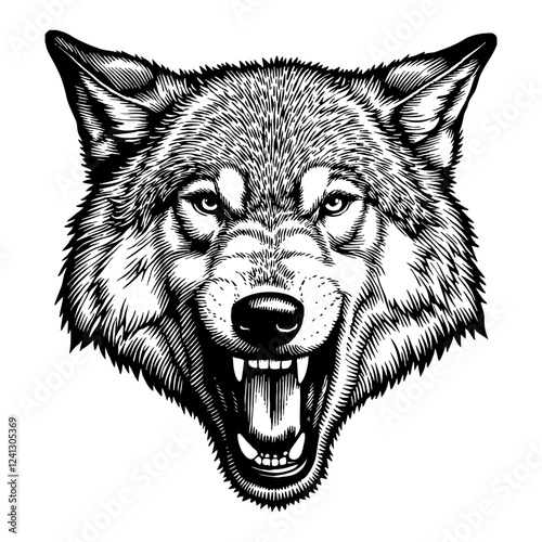 Roaring Wolf Head Front View Detailed Black and White Outline Line Art Drawing