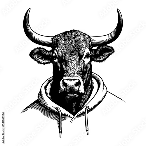 Detailed Bull with Hoodie Black and White Outline Line Art Drawing Vector Illustration