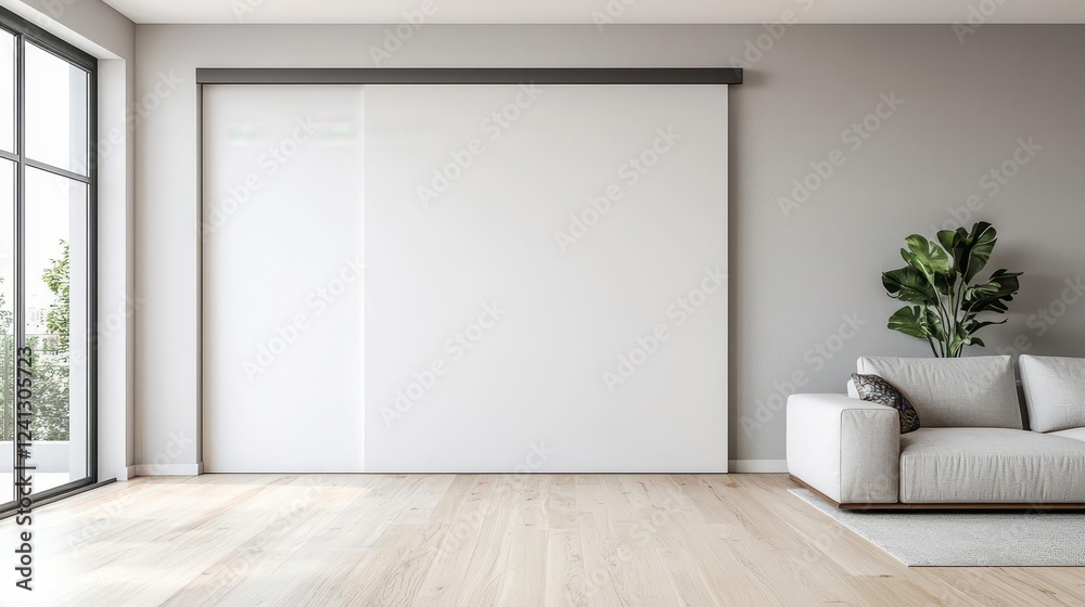 Fototapeta premium Modern tiny apartment with a sliding wall to separate living and sleeping areas, maximizing privacy