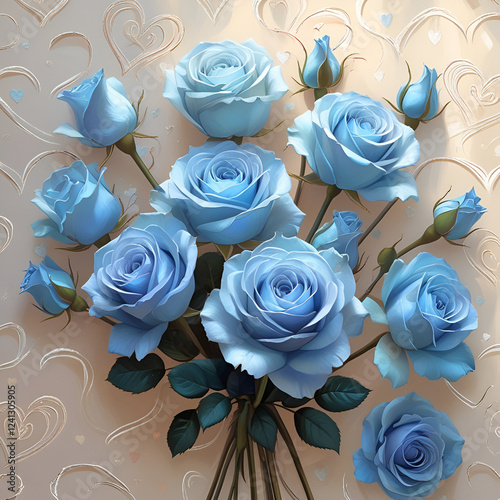 A cluster of delicate blue roses takes center stage, their velvety petals capturing the light , Two lit candles, nestled within a heart-shaped frame, cast a warm glow on the arrangement 