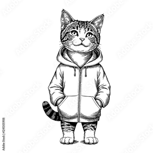 Detailed Cat Humanoid Wearing Hoodie Black and White Outline Line Art Drawing Illustration