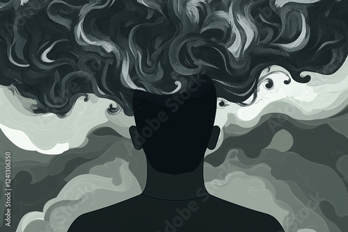 A flat cartoon surrounded by swirling dark clouds, representing overwhelming thoughts and anxiety, with copy space. 