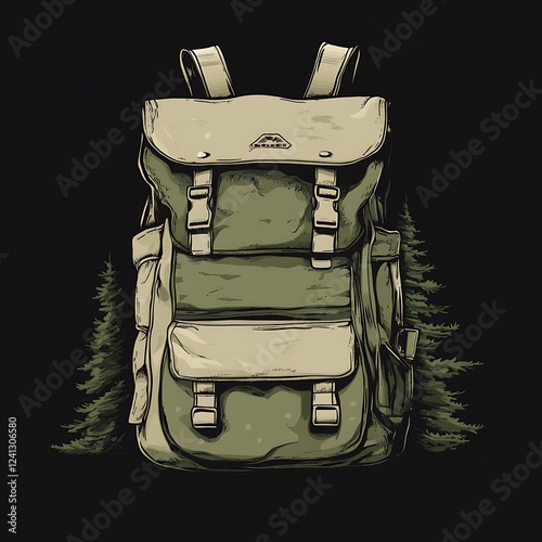 Illustration of a Hiking Backpack with Trees in the Background, for Wilderness Apparel Design photo