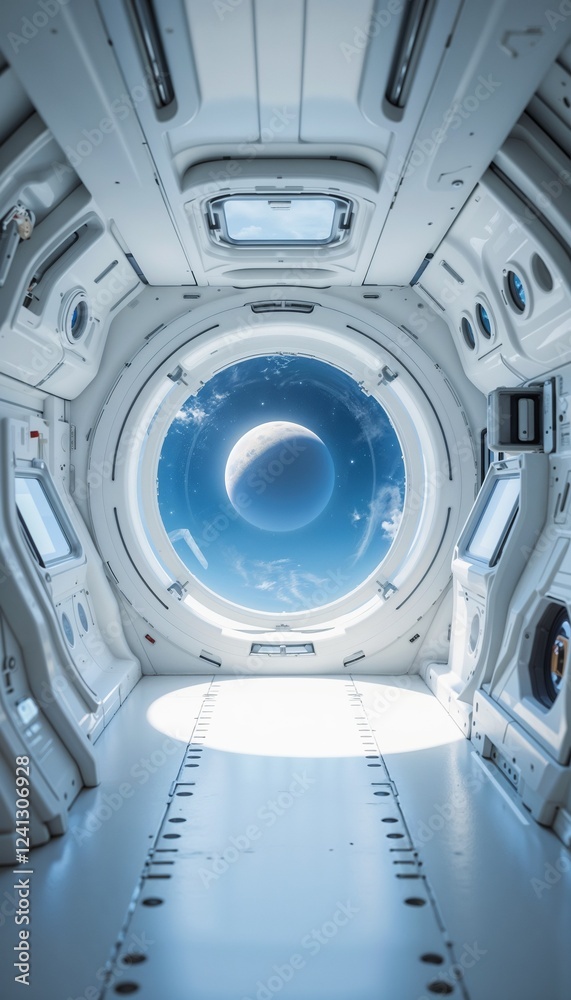 The interior of a spaceship cabin, featuring a large circular window showcasing a view of a planet and starry sky; the scene is peaceful and contemplative. Science fiction illustration. The interior of a spaceship cabin, featuring a large circular window showcasing a view of a planet and starry sky; the scene is peaceful and contemplative. Science fiction illustration.