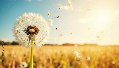 Dandelion seeds drifting in the wind on a sunny day, carefree beauty