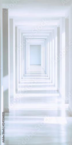 Infinite white corridor with geometric shadows and minimalist design in a modern architectural style