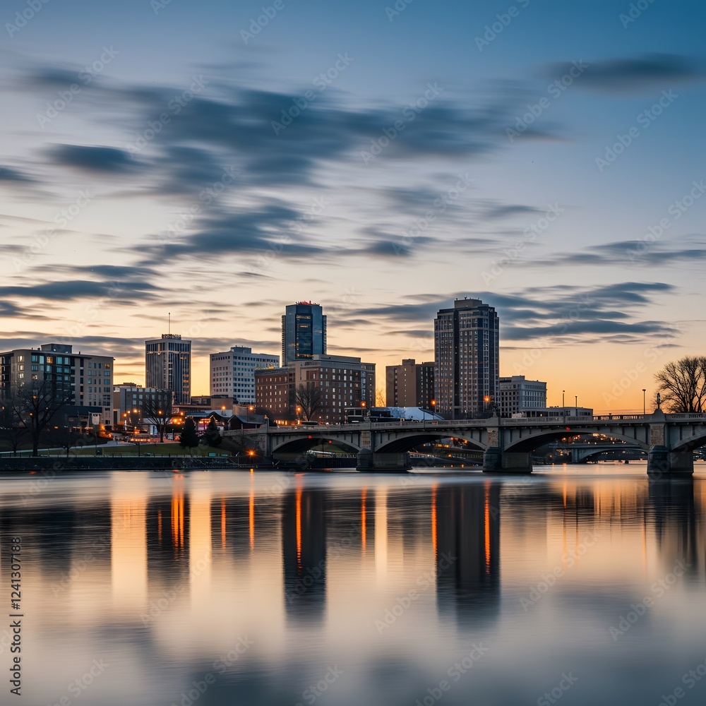 Fototapeta premium Grand Rapids Skyline at Dusk: A Serene Michigan Sunset