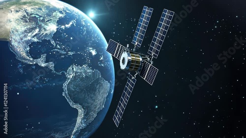 High-tech satellite orbits Earth, showcasing advanced technology and stunning planetary views