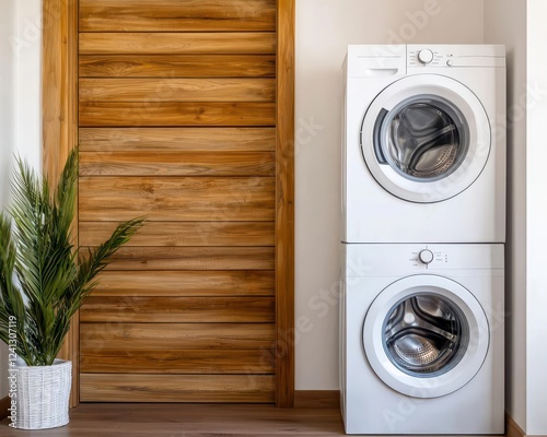 Compact laundry area in a small apartment, featuring stackable washerdryer and spacesaving storage solutions photo