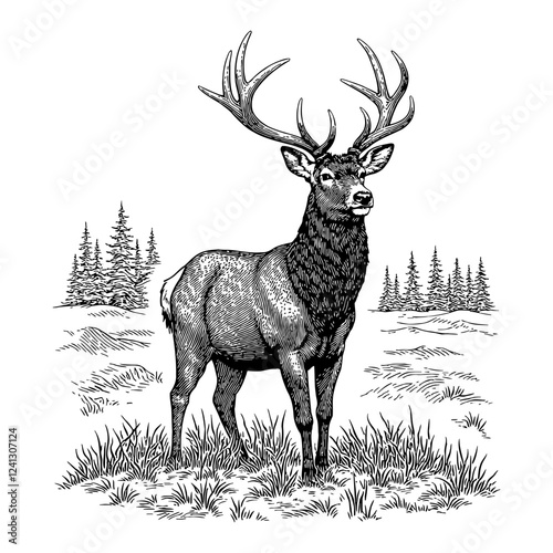 Deer with Antlers in Forest Landscape Black and White Detailed Outline Line Art Drawing