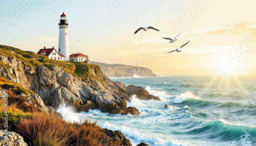 Lighthouse standing tall on rugged cliffs at sunset, coastal beauty