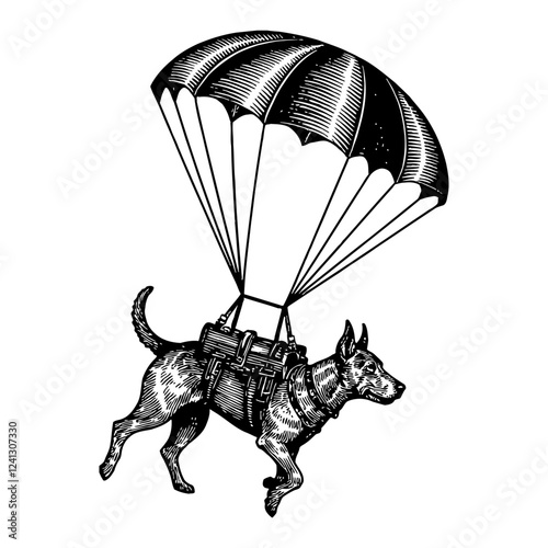 Dog Wearing Parachute and Bag Black and White Outline Line Art Drawing Illustration Graphic Vector