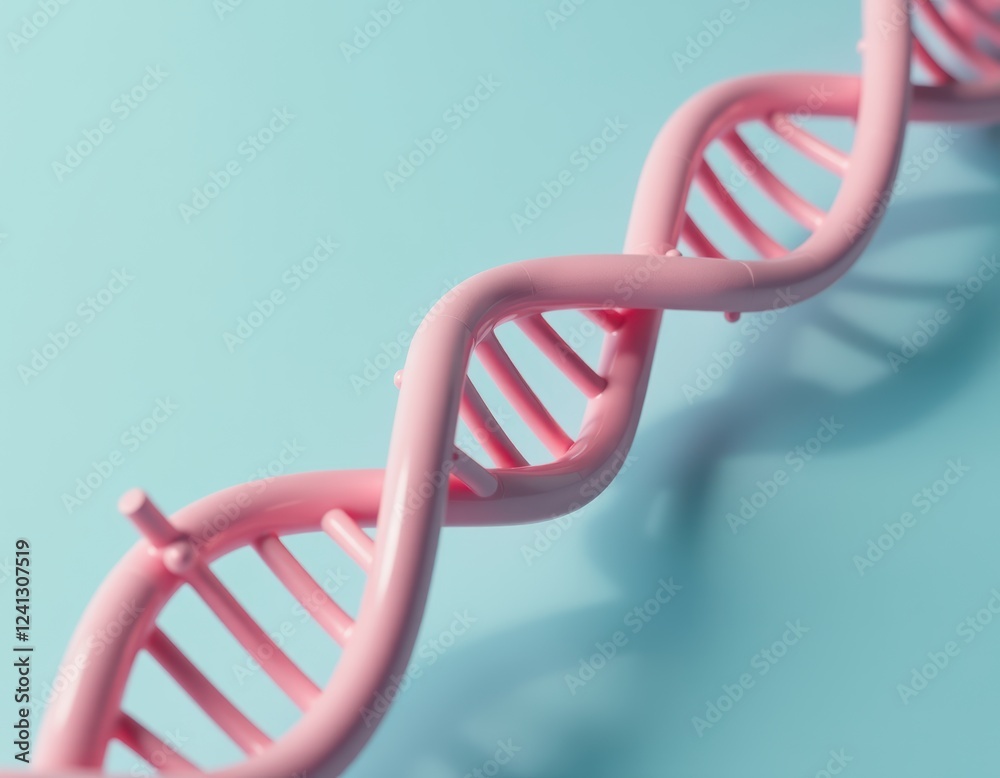 Pink DNA Double Helix Model on Light Blue Background - Science, Genetics, and Biotechnology Concept Pink DNA Double Helix Model on Light Blue Background - Science, Genetics, and Biotechnology Concept