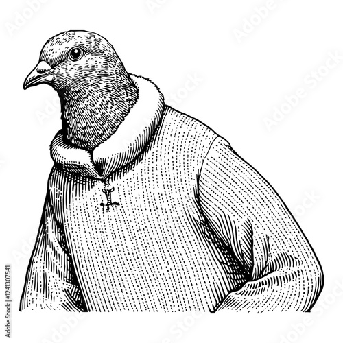 Dove Humanoid With Animal Head Wearing Sweater Black and White Outline Line Art Drawing