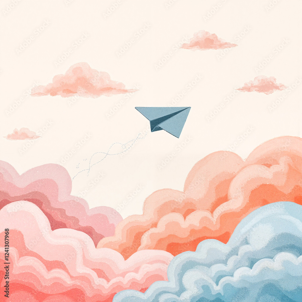 Obraz premium Playful paper airplane soaring through pastel clouds, whimsical freedom