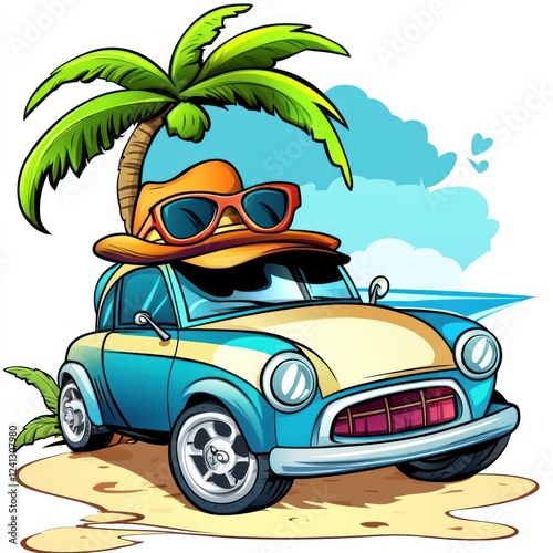Classic car on beach with hat and sunglasses.