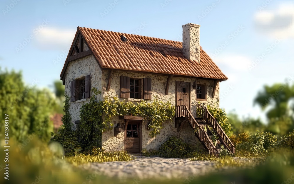 A charming rustic house surrounded by lush greenery and a tranquil landscape, perfect for evoking a sense of peace and nostalgia. A charming rustic house surrounded by lush greenery and a tranquil landscape, perfect for evoking a sense of peace and nostalgia.