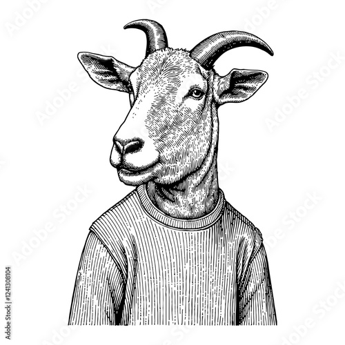 Goat Animal Head Humanoid Wear Sweater Detailed Black and White Outline Line Art Drawing