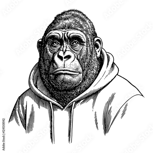 Gorilla Humanoid Head Wearing Hoodie Black and White Detailed Outline Line Art Drawing