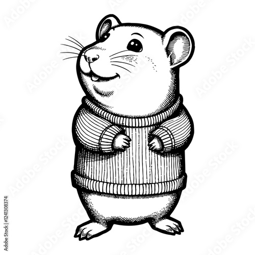 Hamster Stand Wearing Sweater Humanoid Animal Head Black and White Outline Line Art Drawing