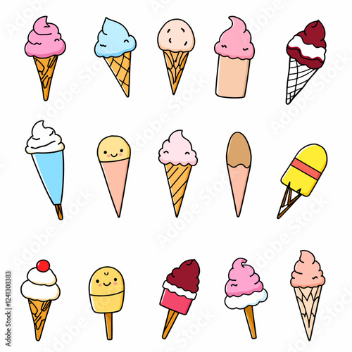 Ice cream, eskimo, waffle cone. Set of elements in doodle and cartoon style. Colorful. Vector. EPS 8