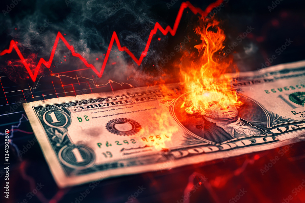 Burning US dollar bill symbolizing economic crisis, inflation and financial collapse. Concept of falling USD, stock market crash, recession, and global financial instability