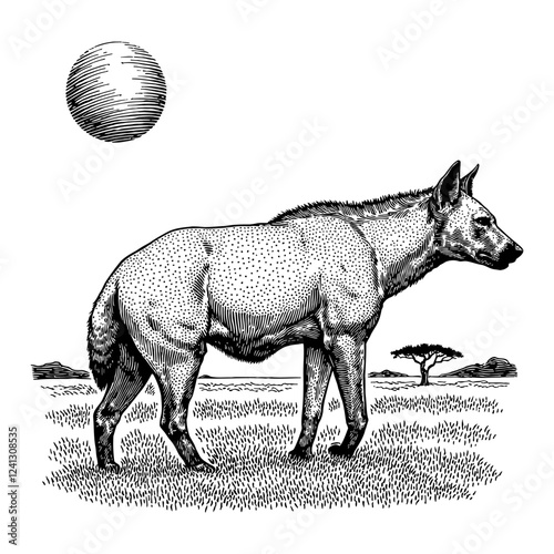 Hyena Standing in Savannah with Moon Black and White Outline Line Art Drawing Engraving Style