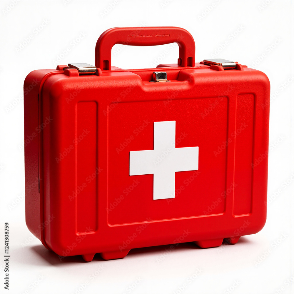 Fototapeta premium Red first aid kit on white background, medical preparedness concept