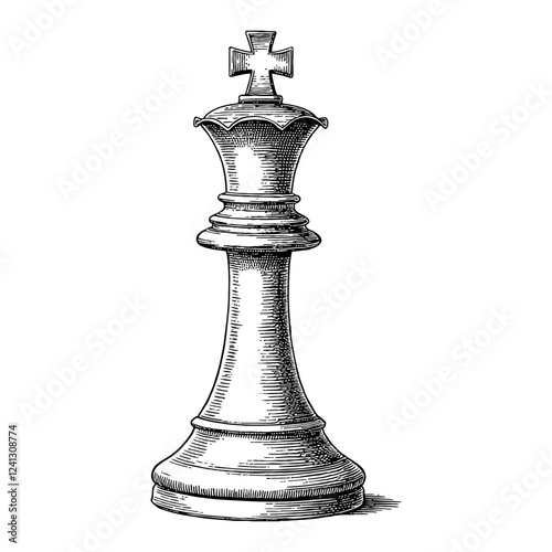 King Chess Piece Detailed Black and White Outline Line Art Drawing in Engraved Style