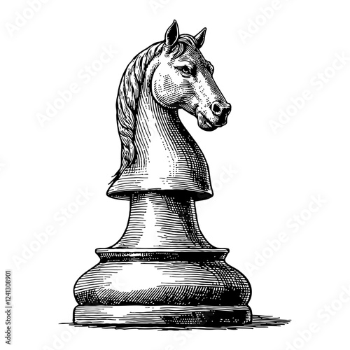 Detailed Chess Knight Piece in Black and White Vintage Style Outline Line Art Drawing