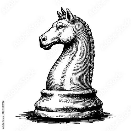 Chess Knight Piece Illustration in Detailed Black and White Outline Line Art Drawing Style