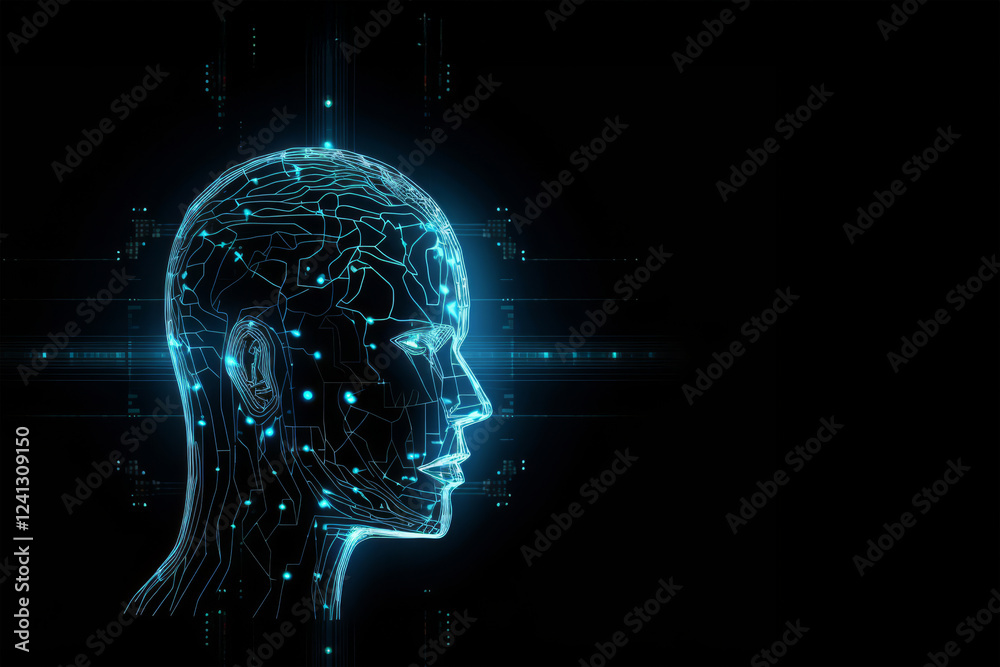 Futuristic holographic head with glowing digital circuits and neural connections on dark background. Concept of artificial intelligence, machine learning and cyber technology Futuristic holographic head with glowing digital circuits and neural connections on dark background. Concept of artificial intelligence, machine learning and cyber technology