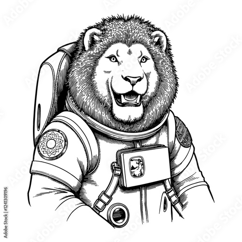 Smiling Lion Humanoid with Animal Head Wearing Astronaut Suit Black and White Outline Line Art Drawing