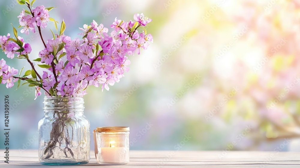 Spring blossoms in glass jar, candle, sunny garden Spring blossoms in glass jar, candle, sunny garden