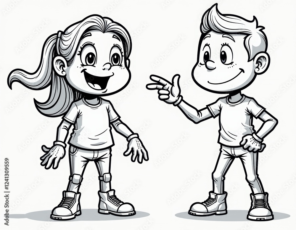 Cute Cartoon Boy and Girl Characters, Black and White Illustration Cute Cartoon Boy and Girl Characters, Black and White Illustration