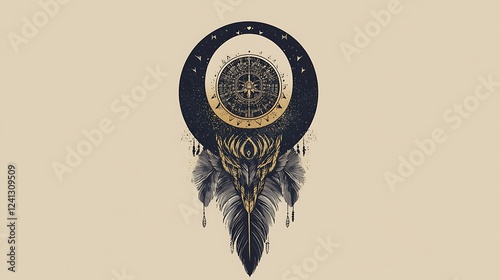 Dreamcatcher with moon and compass. Decorative graphic art.  Possible use Print, poster, wall decor photo