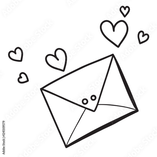 A charming love letter with an open envelope and tiny hearts flying 