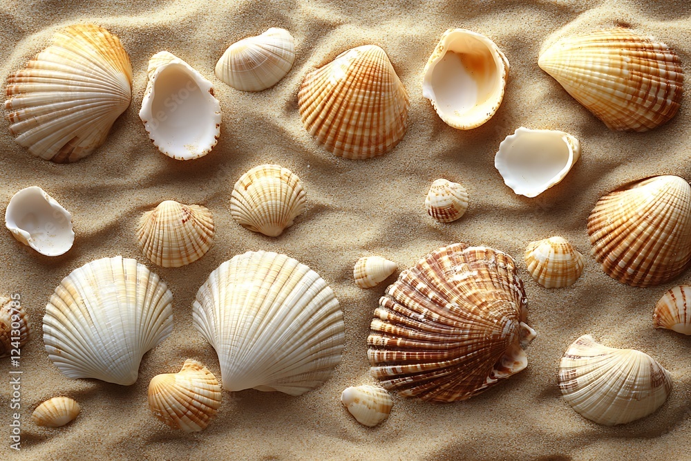 Seashells arranged on a sandy beach surface Seashells arranged on a sandy beach surface