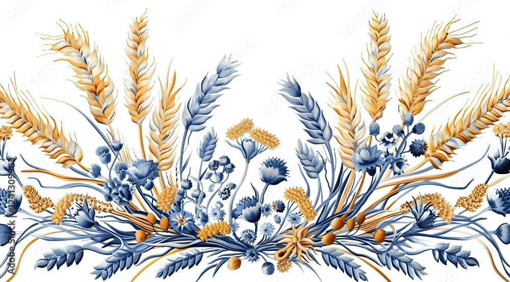 Rustic composition with golden wheat ears and blue wildflowers in watercolor style, arranged in decorative border pattern on white background. Rustic composition with golden wheat ears and blue wildflowers in watercolor style, arranged in decorative border pattern on white background.