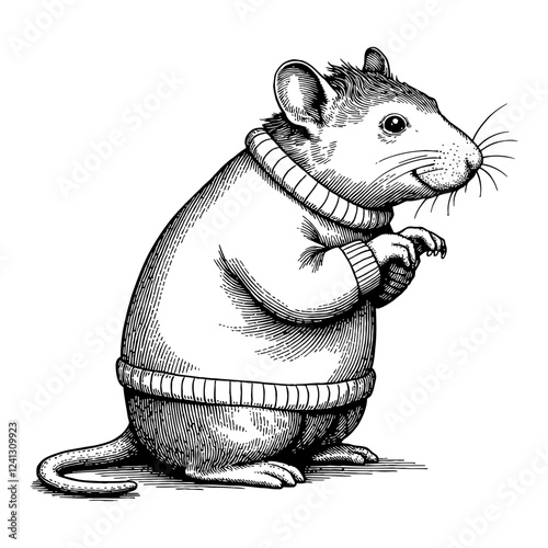 Rat with Animal Head Wearing Sweater Detailed Black and White Outline Line Art Drawing