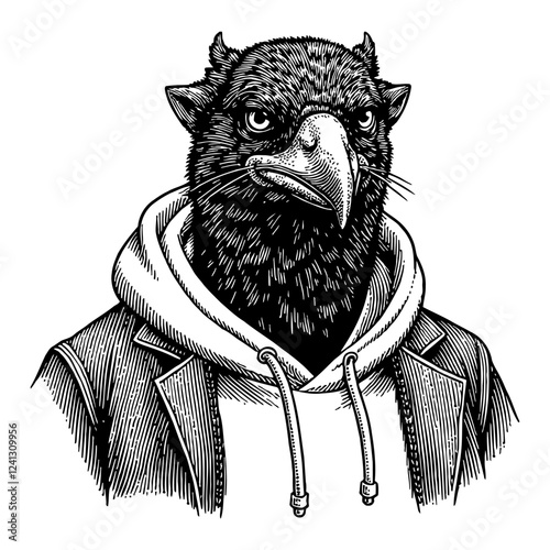 Raven and Cat Mix Breed Humanoid Black and White Outline Line Art Drawing of Animal Character