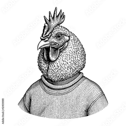 Serious Rooster Humanoid Wearing a Sweater Detailed Black and White Outline Line Art Drawing