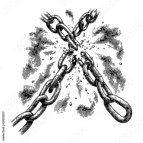 Breaking Straight Chains in Detailed Black and White Outline Line Art Drawing Style