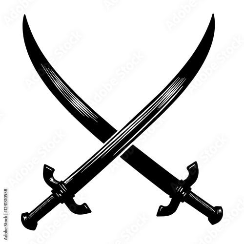 Crossed Swords Symbol Logo in Black and White Detailed Outline Line Art Drawing Illustration