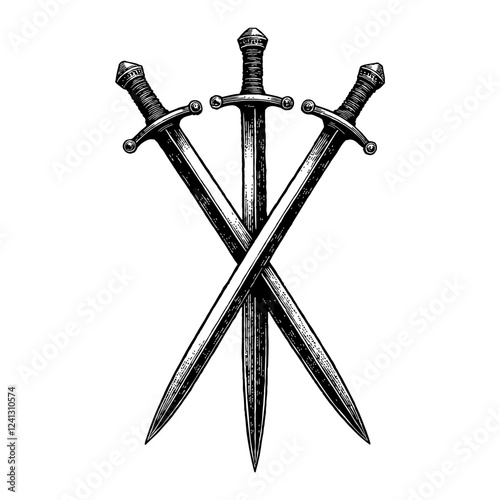 Three Swords Crossed Symbol Detailed Black and White Outline Line Art Drawing Antique Style